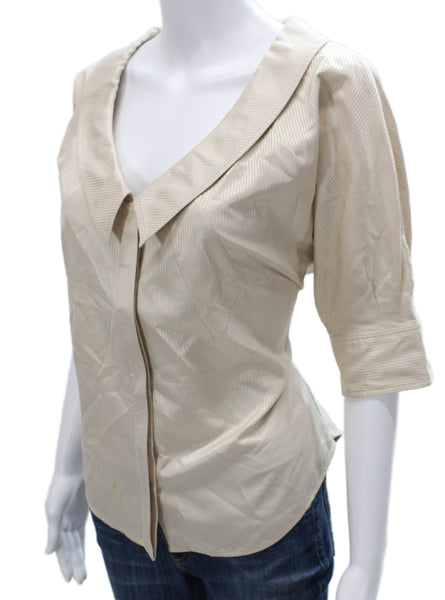 Zac Posen Women Basic Striped Collared Cotton Blouse 3/4 Sleeve Beige Size 10