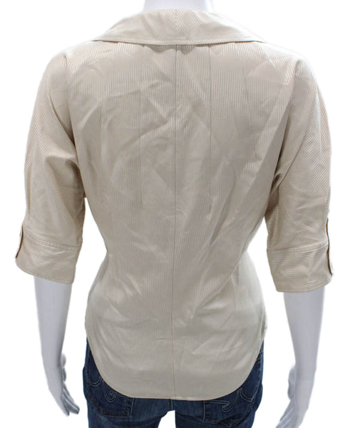 Zac Posen Women Basic Striped Collared Cotton Blouse 3/4 Sleeve Beige Size 10