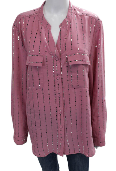Kim Rogers Women Pink Striped Collared Button-Up Long Sleeve Top Size XL