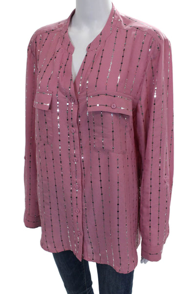 Kim Rogers Women Pink Striped Collared Button-Up Long Sleeve Top Size XL