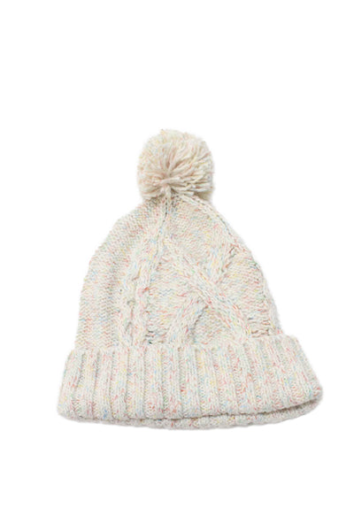 J Crew Womens Fringe Pom Pom Knit Beanie Hat White Multi One Size