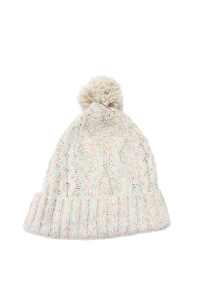 J Crew Womens Fringe Pom Pom Knit Beanie Hat White Multi One Size