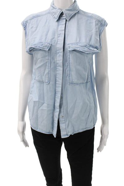 MNG Women Blouse Button-Up Blue Lyocell Collared Sleeveless Size 4