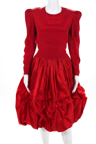 Carolina Herrera Red Pleated Shoulder Long Sleeve Gathered Skirt Dress Size 12