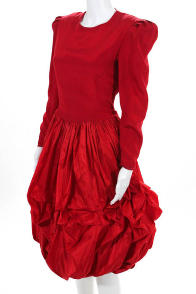 Carolina Herrera Red Pleated Shoulder Long Sleeve Gathered Skirt Dress Size 12