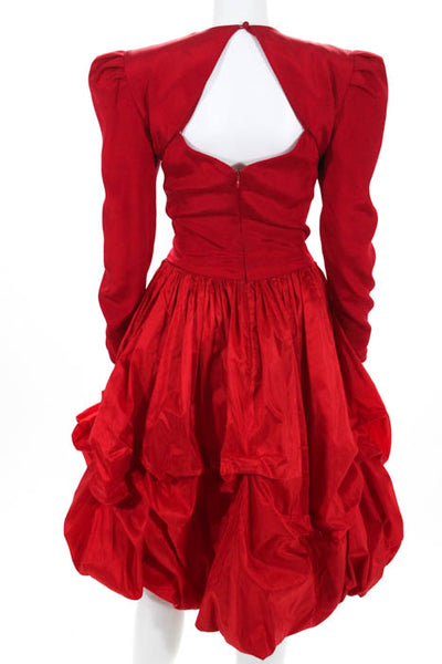 Carolina Herrera Red Pleated Shoulder Long Sleeve Gathered Skirt Dress Size 12