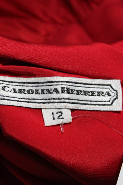 Carolina Herrera Red Pleated Shoulder Long Sleeve Gathered Skirt Dress Size 12