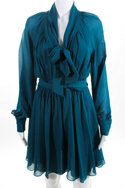 Rachel Zoe Green Tie Neck Long Sleeve Button Down Dress Size 6