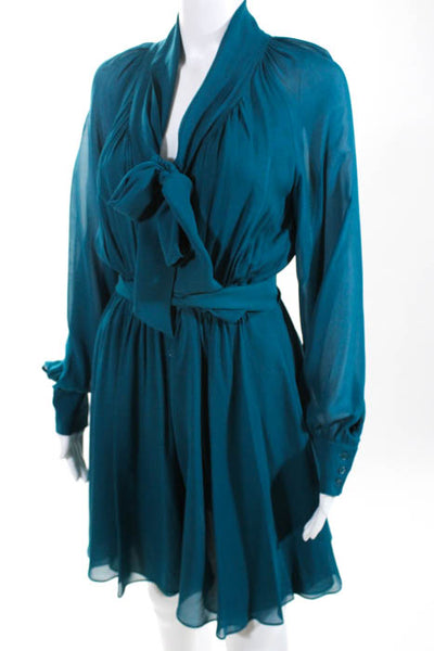 Rachel Zoe Green Tie Neck Long Sleeve Button Down Dress Size 6