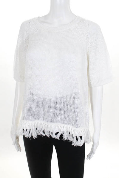 J Crew New White Linen Short Sleeve Tassel Hem Sweater Size Large