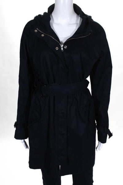 J Crew Navy Blue Cotton Zipper Closure Belted Hooded Coat Size 14