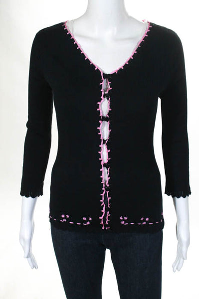 Betsey Johnson Black Silk V Neck Pink Trim Button Front Cardigan Size Large
