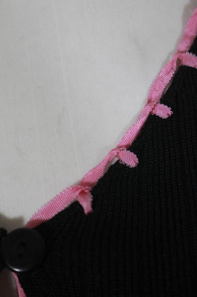 Betsey Johnson Black Silk V Neck Pink Trim Button Front Cardigan Size Large