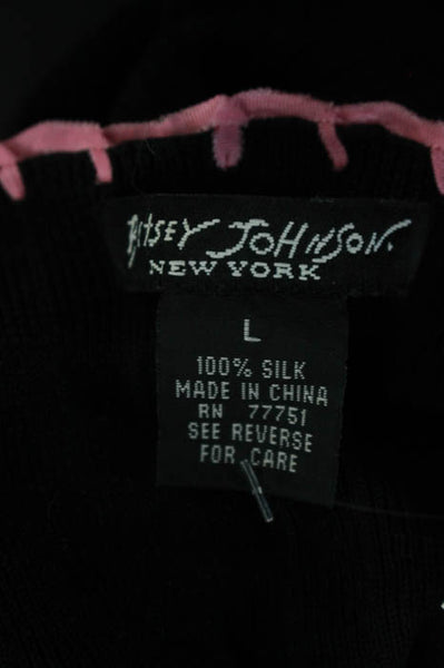 Betsey Johnson Black Silk V Neck Pink Trim Button Front Cardigan Size Large