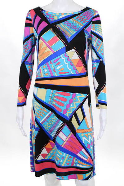 Emilio Pucci Blue Black Pink Silk Printed Long Sleeve Sheath Dress Size 8