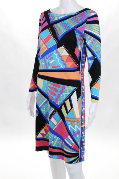 Emilio Pucci Blue Black Pink Silk Printed Long Sleeve Sheath Dress Size 8