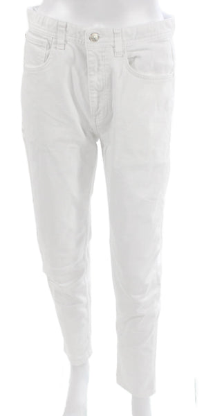 Zara Womens Tapered Jeans White High Rise Button Cotton Blend Size 30