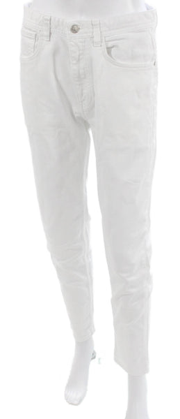 Zara Womens Tapered Jeans White High Rise Button Cotton Blend Size 30