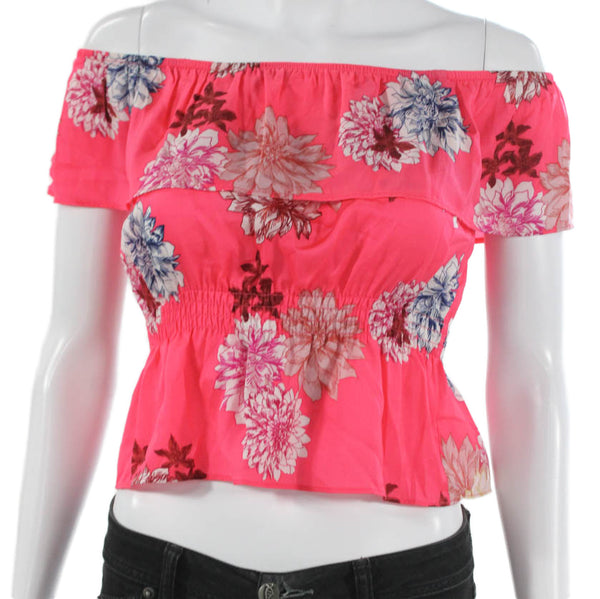 BB Dakota Women Cropped Off the Shoulder Pink Floral Blouse Sleeveless Size XS