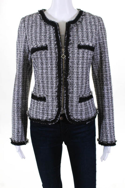 Pink Tartan White Black Tweed Knit Zipper Closure Jacket Size 8