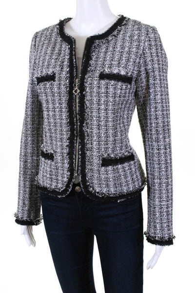 Pink Tartan White Black Tweed Knit Zipper Closure Jacket Size 8