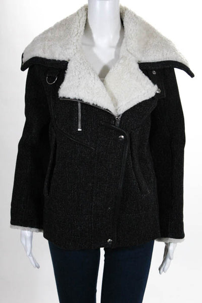 IRO Black White Wool Shearling Zip Up Long Sleeve Crew Neck Coat Size 34