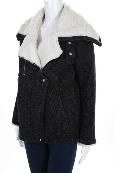 IRO Black White Wool Shearling Zip Up Long Sleeve Crew Neck Coat Size 34