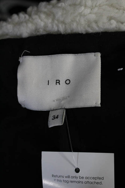 IRO Black White Wool Shearling Zip Up Long Sleeve Crew Neck Coat Size 34