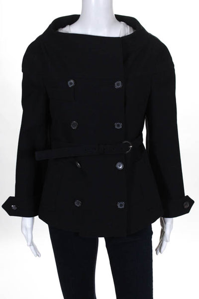 Prada  Navy Blue Wool Plaid Bateau Neck Button Down Jacket Size 44