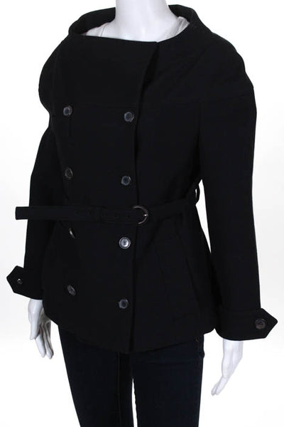 Prada  Navy Blue Wool Plaid Bateau Neck Button Down Jacket Size 44