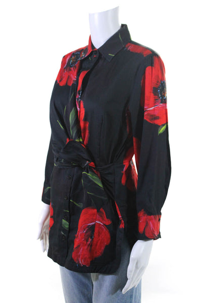 Finley Womens Button Front Long Sleeve Collared Floral Shirt Black Red Small