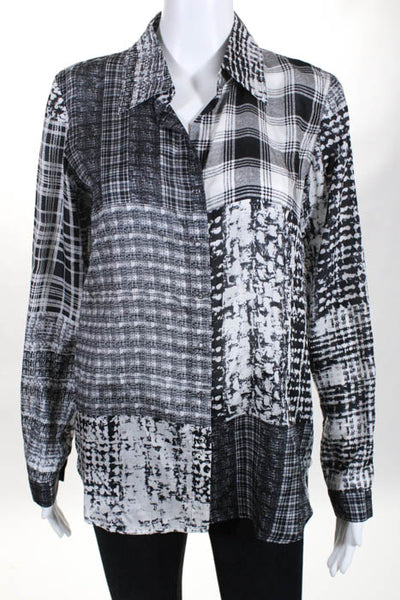 L Agence Black White Silk Plaid Button Down Long Sleeve Blouse Size 2