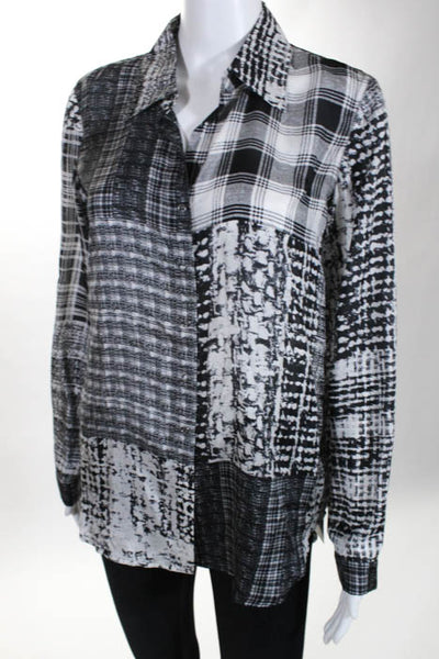 L Agence Black White Silk Plaid Button Down Long Sleeve Blouse Size 2