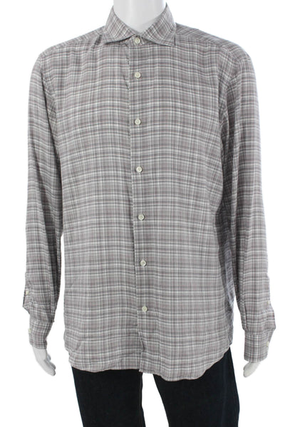 Ermenegildo Zegna Mens Linen Blend Plaid Button Up Shirt Gray Size L