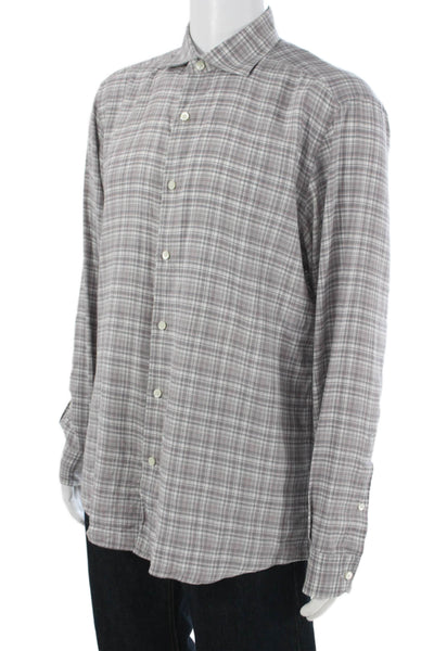 Ermenegildo Zegna Mens Linen Blend Plaid Button Up Shirt Gray Size L