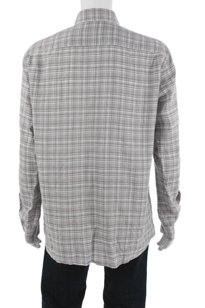 Ermenegildo Zegna Mens Linen Blend Plaid Button Up Shirt Gray Size L