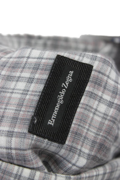 Ermenegildo Zegna Mens Linen Blend Plaid Button Up Shirt Gray Size L
