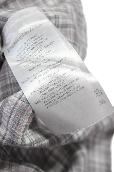 Ermenegildo Zegna Mens Linen Blend Plaid Button Up Shirt Gray Size L