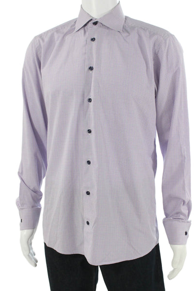 Eton Mens Cotton Plaid Button Up Shirt Purple Size 41/16