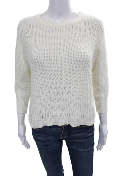 Athleta Womens White Pullover Sweater Crewneck 3/4 Sleeve Cotton Nylon Size S