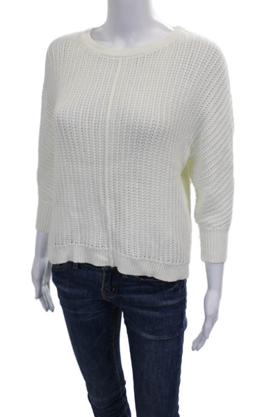 Athleta Womens White Pullover Sweater Crewneck 3/4 Sleeve Cotton Nylon Size S
