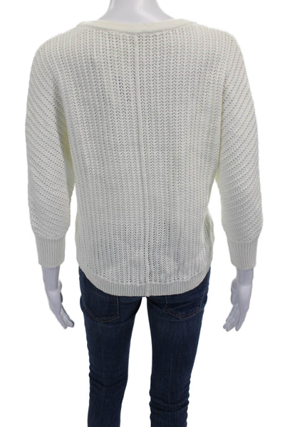Athleta Womens White Pullover Sweater Crewneck 3/4 Sleeve Cotton Nylon Size S