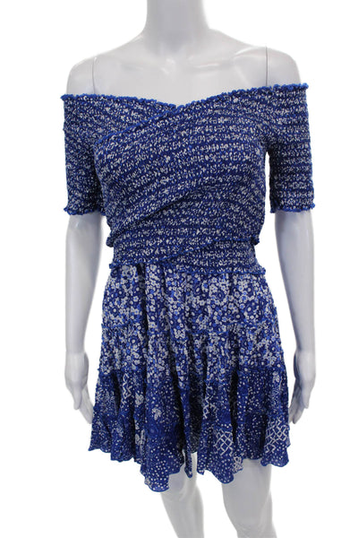 Poupette St. Barth Women Mini Off Shoulder Floral Viscose Blue Dress Size S