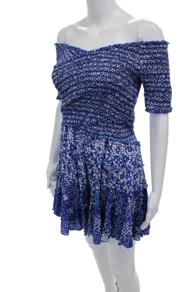 Poupette St. Barth Women Mini Off Shoulder Floral Viscose Blue Dress Size S