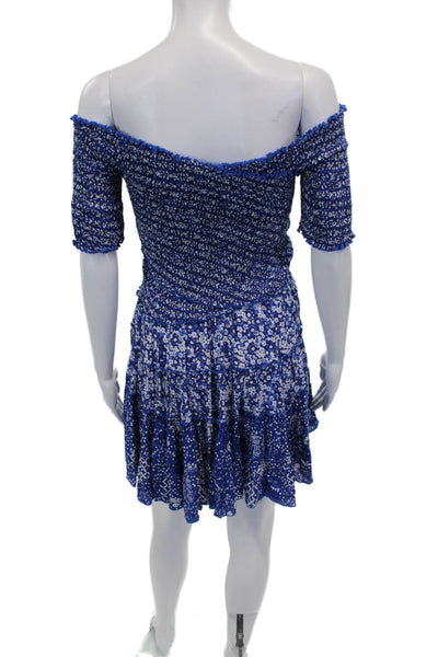Poupette St. Barth Women Mini Off Shoulder Floral Viscose Blue Dress Size S