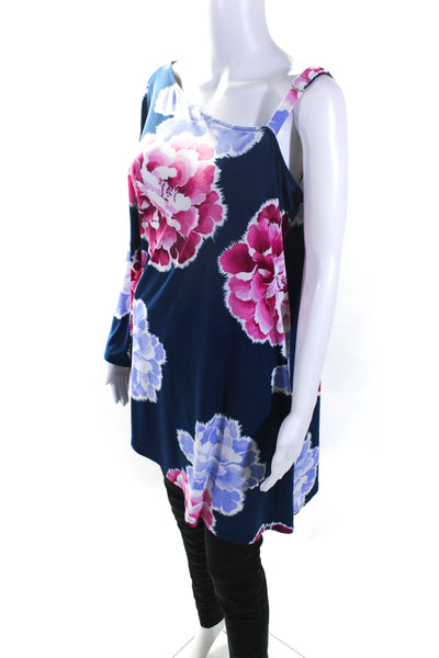 Natori Womens Floral Print One Shoulder Blouse Blue Size L