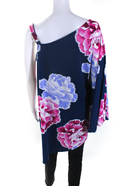 Natori Womens Floral Print One Shoulder Blouse Blue Size L