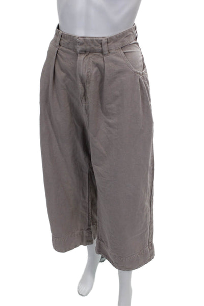 Free People Women Cropped Cotton Pants Gray Button Size 10