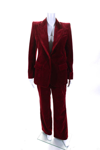 Gucci Womens Red Velvet One Button Long Sleeve Blazer Pants Suit Set Size 40