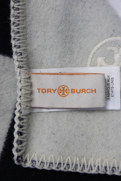 Tory Burch Adults Wool Cotton Striped Textured Blanket Throw White Navy 59x52